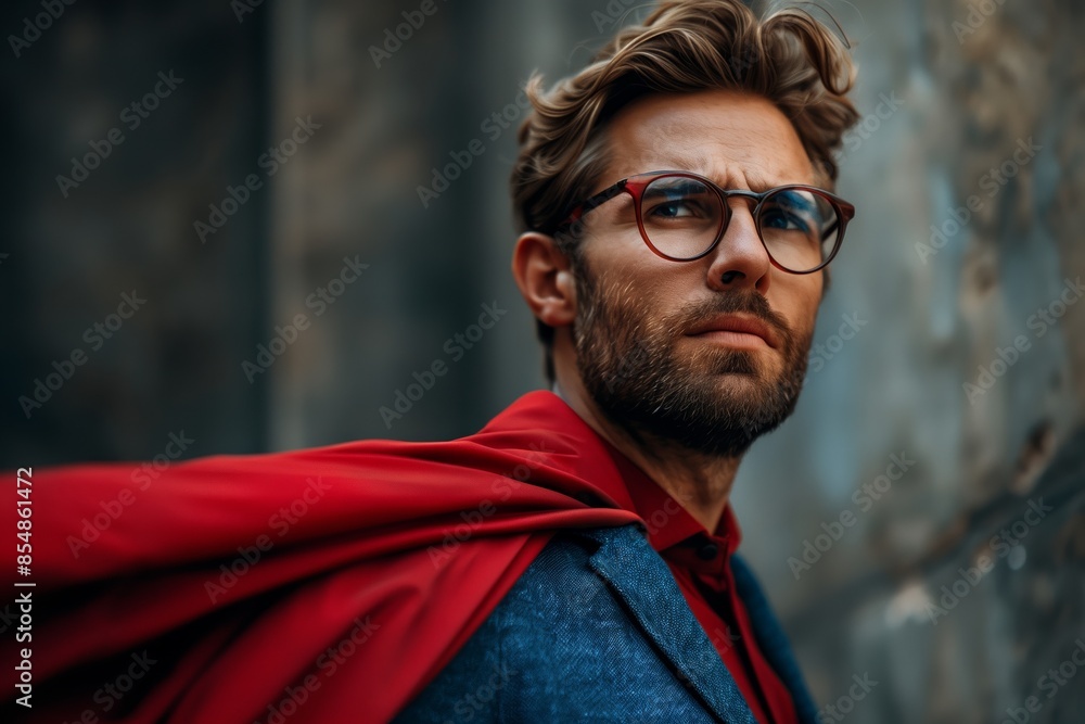 Man in Red Cape and Glasses Posing in Urban Setting Man in Red Cape and Glasses Posing in Urban Setting