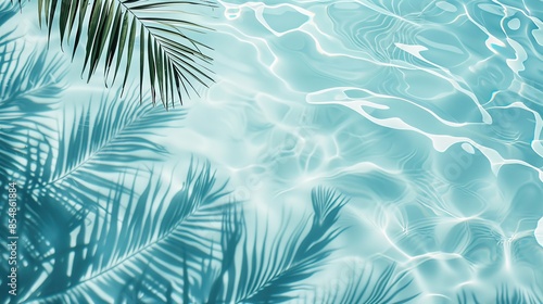 Minimalistic Summer Background Featuring Palm Tree Shadows on Clear Water Surface with Soft Pastel Blue and White Colors, Blurred Leaf Shadows, and Sunlight Reflections.