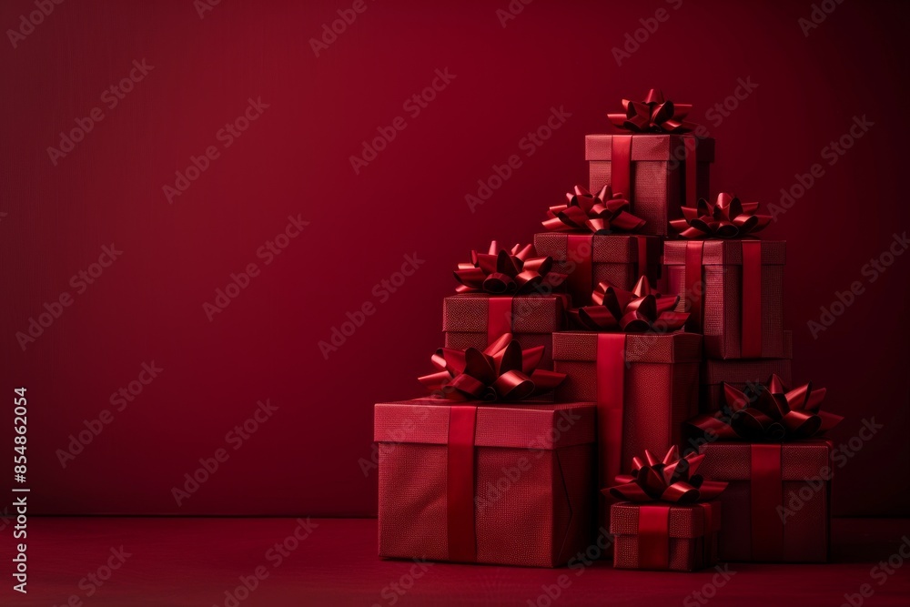 Pile of dark red gift boxes with bows in front of red background Pile of dark red gift boxes with bows in front of red background