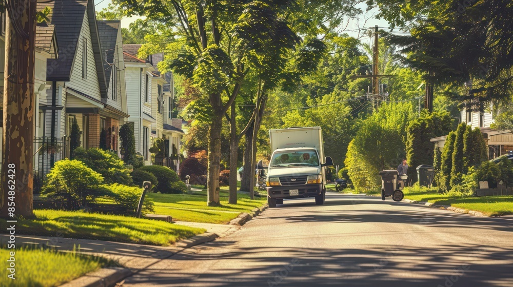 Fototapeta premium Small cargo delivery van driving in european city central district. Medium lorry minivan courier vehicle deliver package at residential office building in downtown area. Commercial shipping logistics.