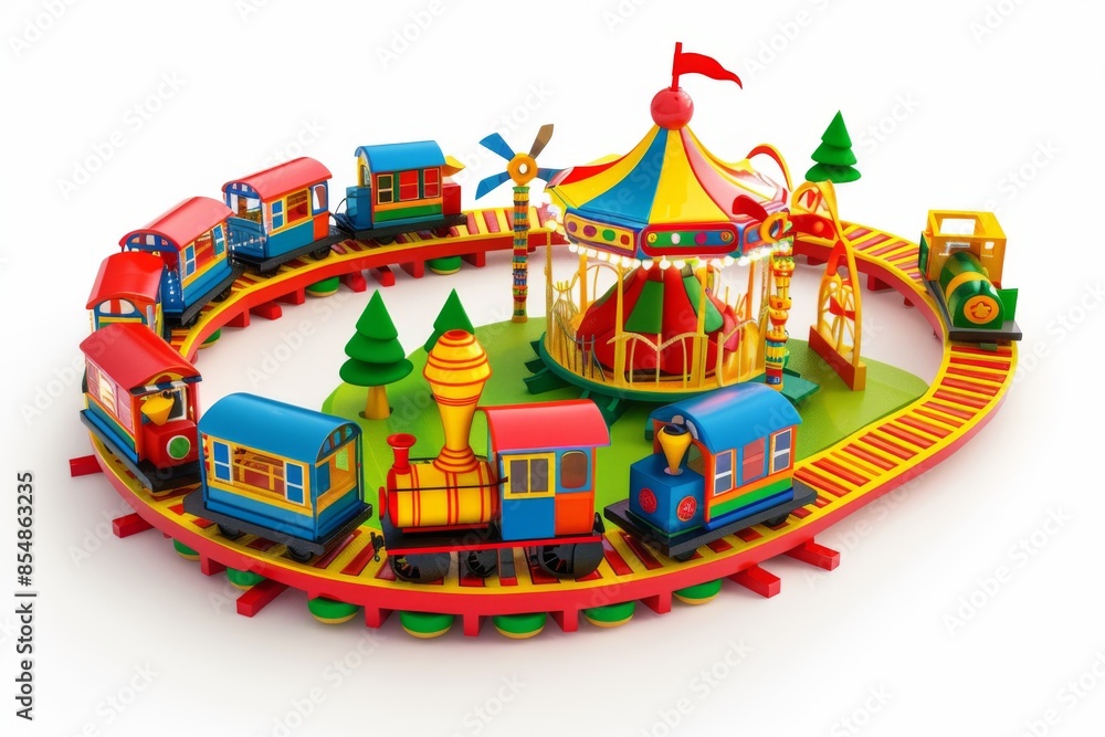 A lively train attraction weaves through a bustling schoolyard carnival, set against a crisp white background. A lively train attraction weaves through a bustling schoolyard carnival, set against a crisp white background.