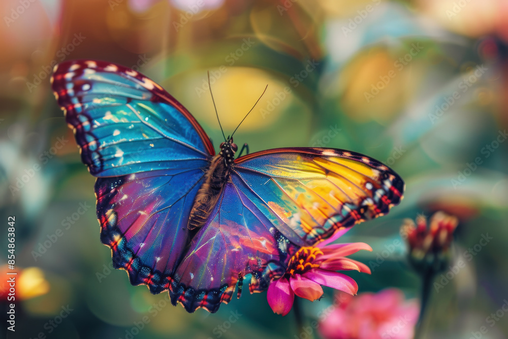 Colorful Butterfly on Flower at Sunrise. A mesmerizing, vibrant butterfly with multi-colored wings perched on a flower in a sunlit garden, captured during the early morning hours. Colorful Butterfly on Flower at Sunrise. A mesmerizing, vibrant butterfly with multi-colored wings perched on a flower in a sunlit garden, captured during the early morning hours.
