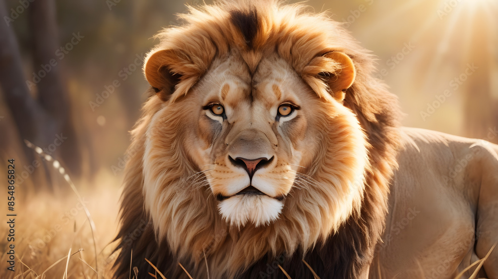 A powerful African lion (Panthera leo) close up in the sunlight, its golden mane illuminated. Captures the regal majesty and intense gaze of the king of the savannah in vivid detail. A powerful African lion (Panthera leo) close up in the sunlight, its golden mane illuminated. Captures the regal majesty and intense gaze of the king of the savannah in vivid detail.