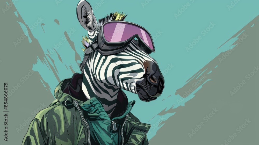 Fototapeta premium A zebra wearing goggles and a green jacket