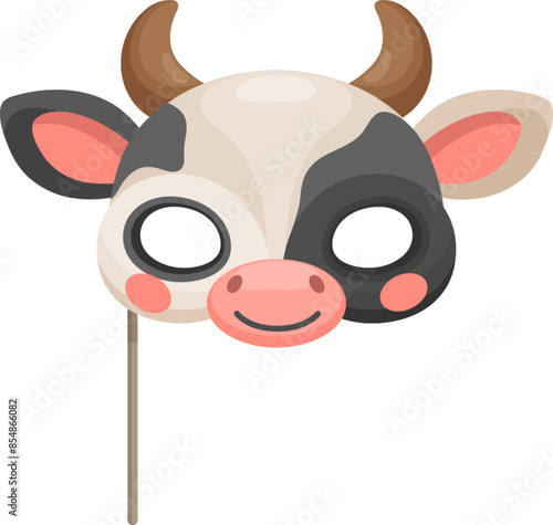 Cow mask for carnival or birthday festival party face, cartoon vector props. Funny cow animal muzzle mask on stick for kids birthday or masquerade event and happy zoo animal face costume