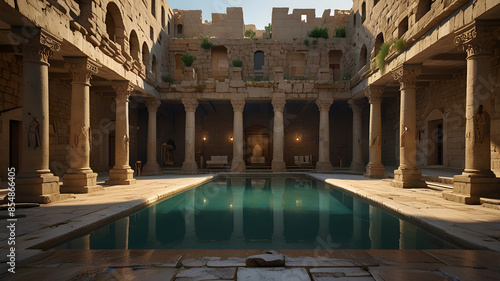 Pool of Bethesda, where Jesus healed the paralyzed man. The scene shows a serene pool surrounded by ancient stone structures and columns. The water is calm and reflective