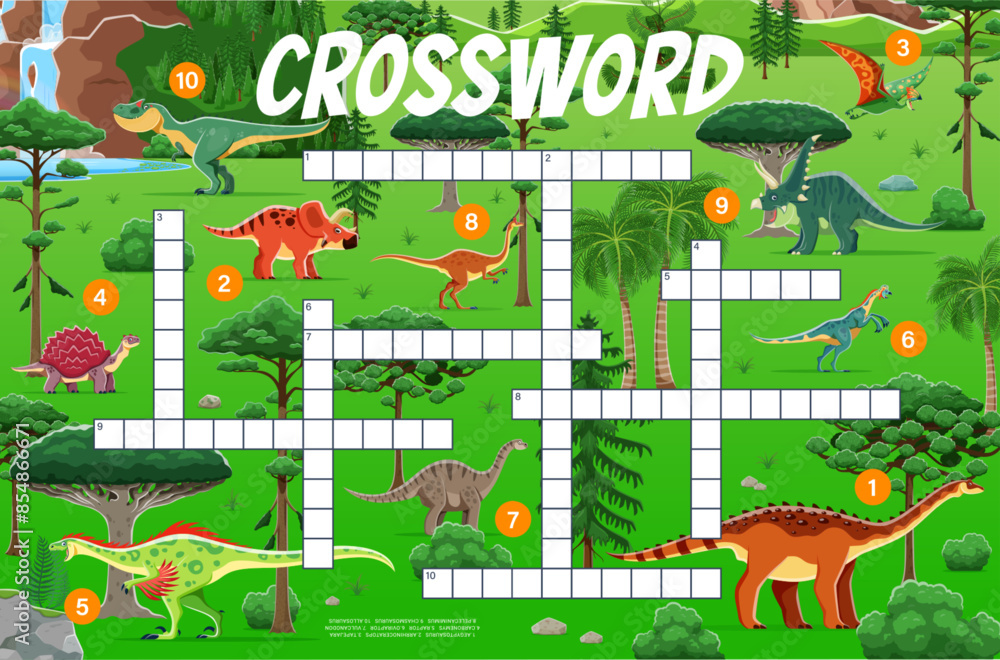 Fototapeta premium Crossword quiz game grid with cartoon dinosaurs and funny dino, vector worksheet. Kids crossword game to guess words of dinosaurs in Jurassic park jungles with lizard Aegyptosaurus, Tapejara or Raptor