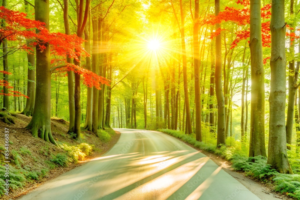 Obraz premium Sunlit Forest Path Surrounded by Vibrant Autumn Foliage