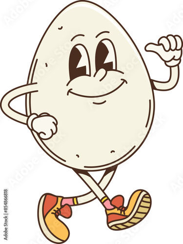 Retro cartoon groovy breakfast fried egg character. Isolated vector smiling egg with expressive eyes, wearing sneakers and showing a thumbs-up. Cheerful food personage embodies playful breakfast vibes