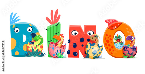 Dino kids, cartoon funny baby dinosaur characters hatching from the eggs and colorful lovely letters forming word dino. Isolated vector cute newborn reptiles in the eggshell, and monster font text