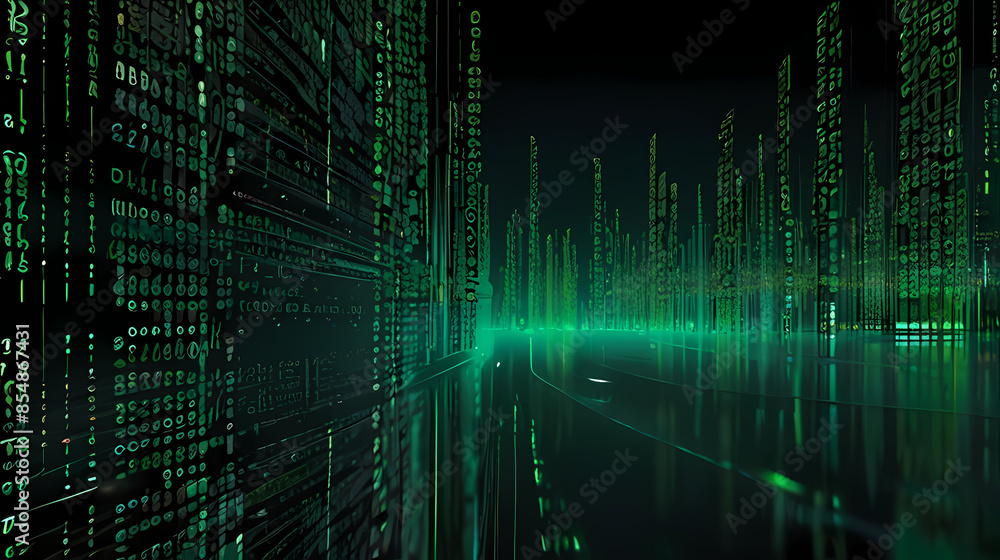 Illustrate a virtual reality landscape where the ground and sky are made of green code, reflecting the Matrix theme Illustrate a virtual reality landscape where the ground and sky are made of green code, reflecting the Matrix theme