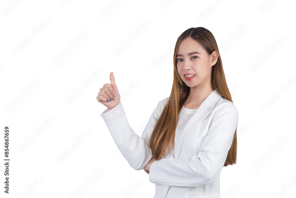 Asian professional woman with black long hair wearing white suit and pretty smiling looking at camera while present product thumbs up means good while isolated white background. Asian professional woman with black long hair wearing white suit and pretty smiling looking at camera while present product thumbs up means good while isolated white background.