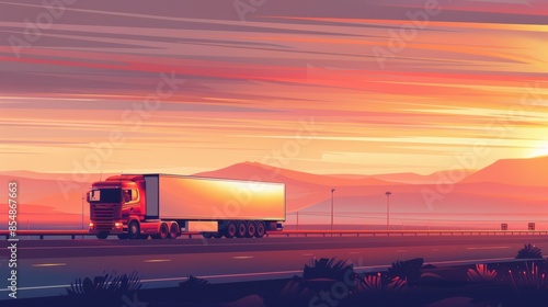 A red semi truck is driving down a road at sunset © ColdFire
