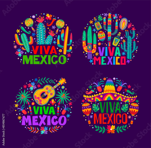 Viva Mexico Mexican independence holiday labels with cacti and sombrero hat, tropical flowers and guitar, maracas, tequila and jalapeno in alebrije style. Isolated vector round emblems for Latin event