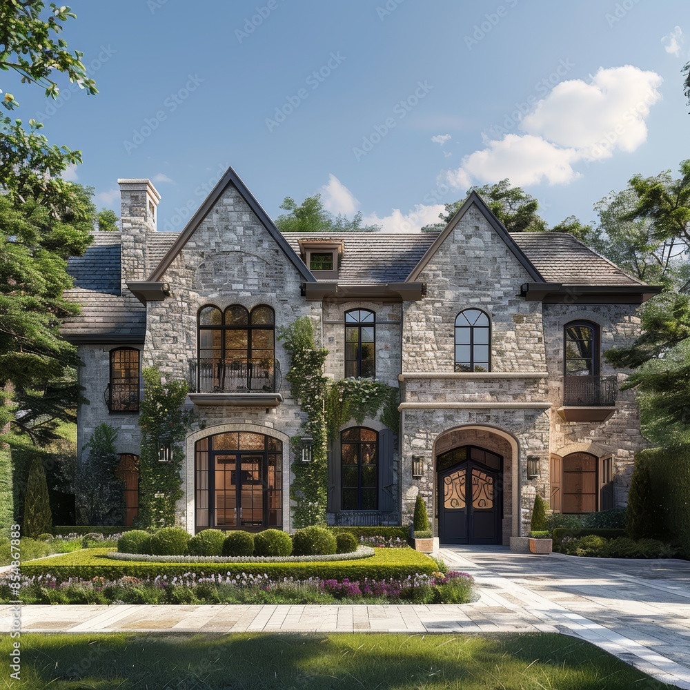 Elegant village featuring traditional European-style homes with intricate stonework, lush gardens, and grand entranceways. Elegant village featuring traditional European-style homes with intricate stonework, lush gardens, and grand entranceways.