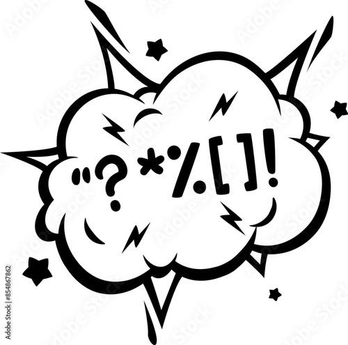 Comic swear speech bubble, aggressive expletive curse, hate angry talk. Isolated vector monochrome dialogue cloud, explode with expressive bad dirty words and typography, symbols, shout emotion boom