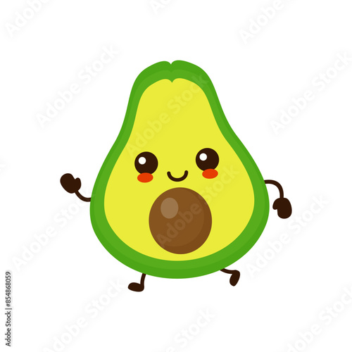 Cute funny running avocado fruit. Vector hand drawn cartoon kawaii character