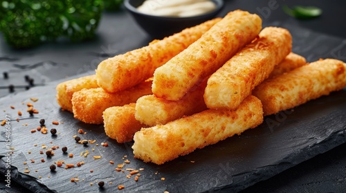 Cheese sticks on the black background. Photo for the menu.