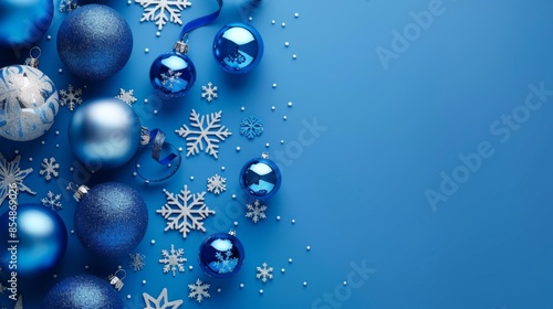 Blue Christmas Ornaments and Snowflakes on Blue Background, Generative AI