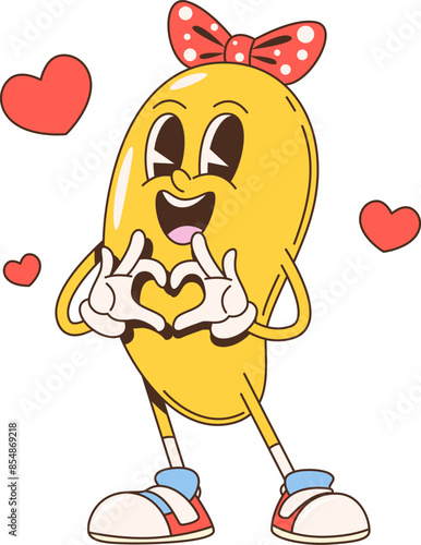 Retro cartoon groovy mango fruit character. Isolated vector adorable anthropomorphic personage wearing sneakers and a polka dot bow, making a heart shape with her hands, surrounded by floating hearts
