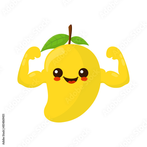 Cute happy smiling mango fruit show muscle character. Vector hand drawn cartoon kawaii character