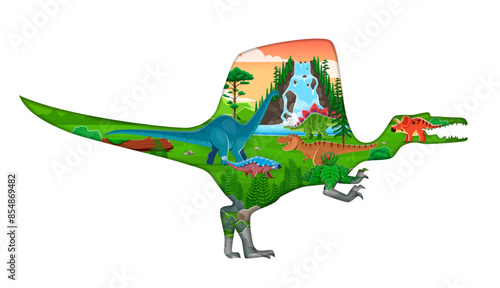 Paper cut dinosaur character 3d vector silhouette with tyrannosaurus, arrhinoceratops, ankylosaurus and brontosaurus dino species at prehistoric landscape with waterfall, mountains and lush greenery