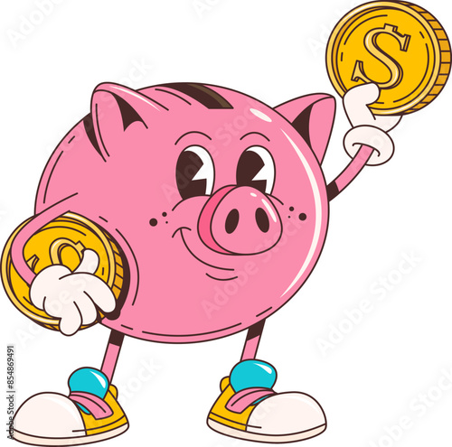 Cartoon retro groovy piggy bank character. Isolated vector cheerful hippie style pink piggy bank personage with a wide smile, and a coin slot on its back, eager to save money and bring financial joy