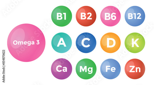 Set of multi vitamin complex isolated on white background. Multivitamin supplement icon. Essential vitamin and mineral complex. Vectot stock