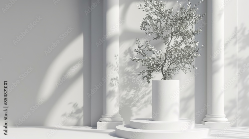 A white room with a tree in a white pot A white room with a tree in a white pot