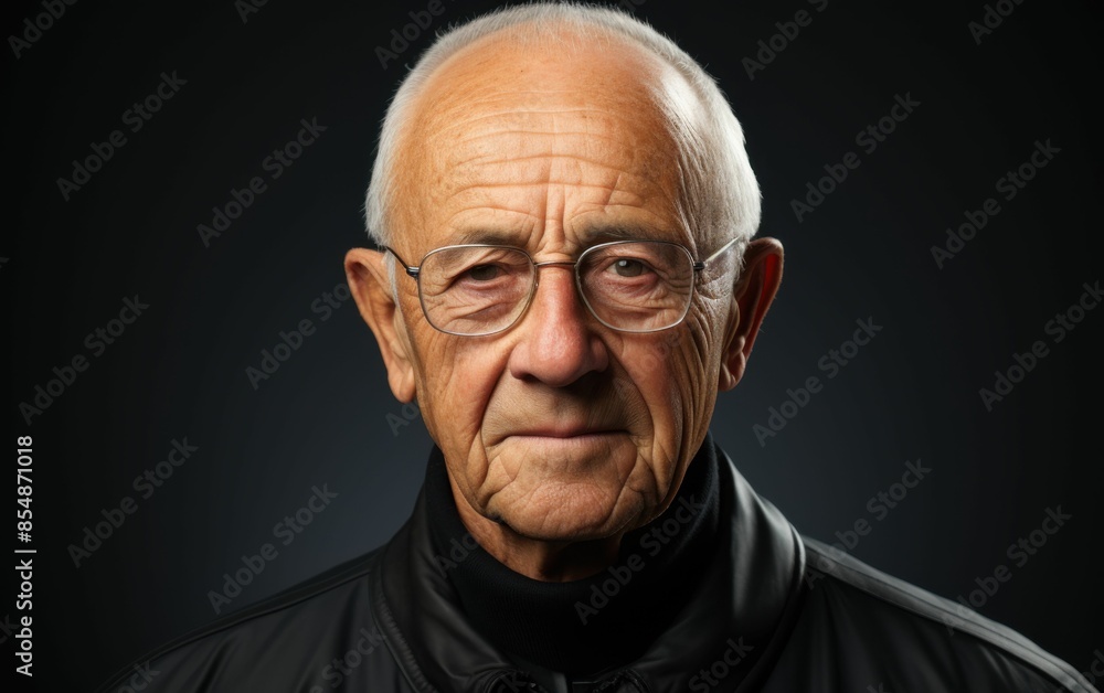 Obraz premium A man with glasses is looking at the camera. He is wearing a black jacket and a black sweater
