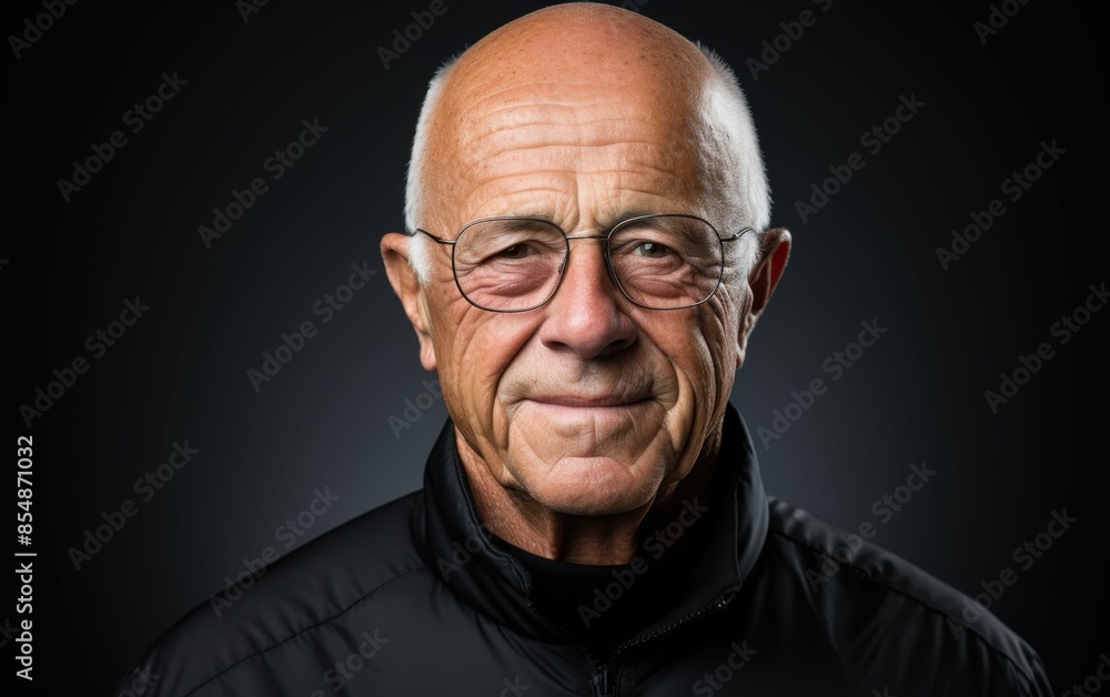A man with glasses and a black jacket is smiling. He looks happy and content. Concept of warmth and friendliness A man with glasses and a black jacket is smiling. He looks happy and content. Concept of warmth and friendliness