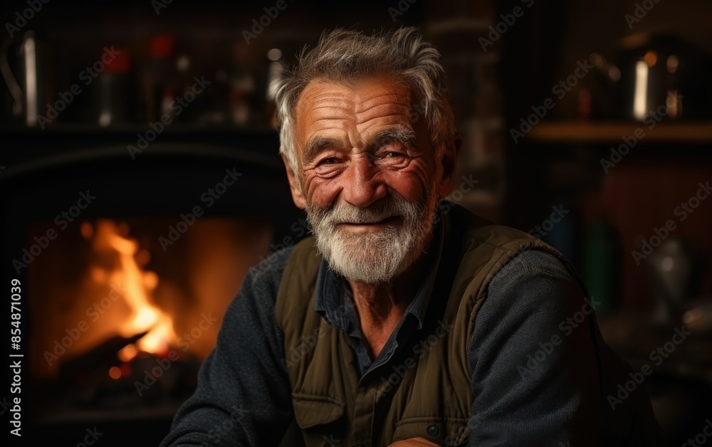 A man with a beard and a green vest is smiling in front of a fireplace. The fireplace is lit, and there are several bottles and cups on the table A man with a beard and a green vest is smiling in front of a fireplace. The fireplace is lit, and there are several bottles and cups on the table