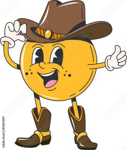 Cartoon retro groovy wild west cowboy smile character. Isolated vector yellow emoji western personage with happy smiling face emotions, donning rancher hat, gloves and boots, showing thumb up gesture