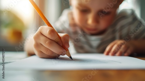 Young child holding a pencil and drawing on paper, focusing on creativity and learning in a bright, cozy environment.