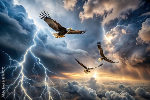 Soaring High Above The Storm, The Eagles Ride The Lightning Bolts Like Majestic Kings Of The Sky. photo