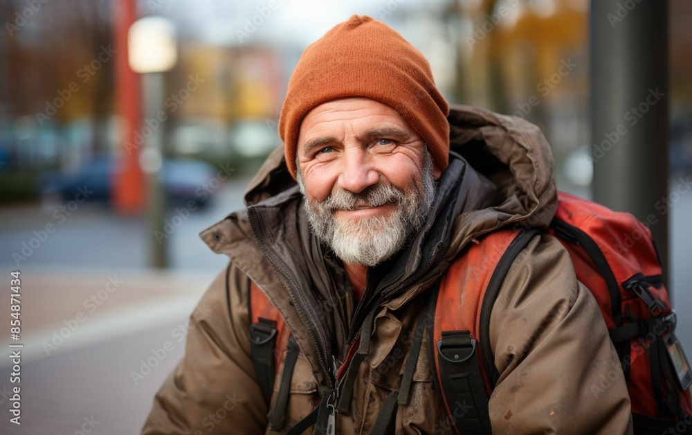 Fototapeta premium A man wearing a brown jacket and orange hat is smiling. He is sitting on the sidewalk with a backpack on his back