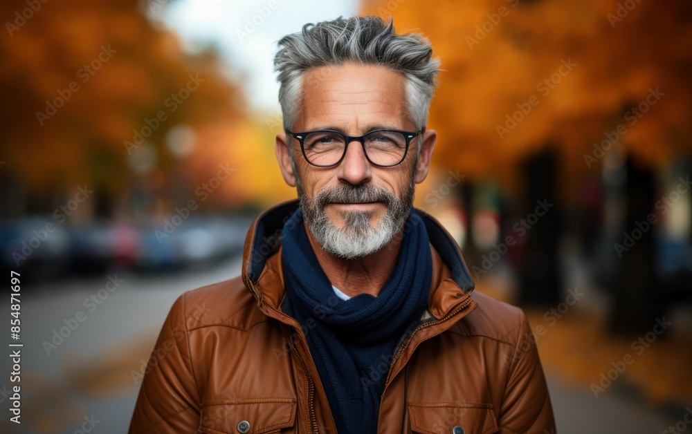 Fototapeta premium A man with a beard and glasses is wearing a brown jacket and scarf. He is smiling and looking at the camera