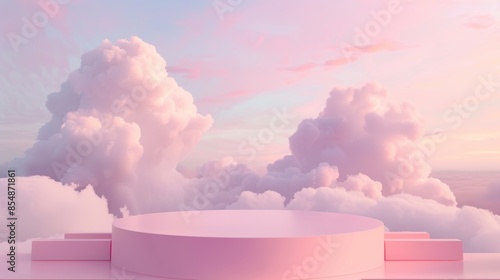A pink cloud-filled sky with a pink stage in the middle