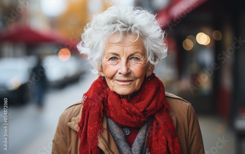 A woman with a red scarf and gray hair is smiling. She is standing on a street with cars and a person walking behind her