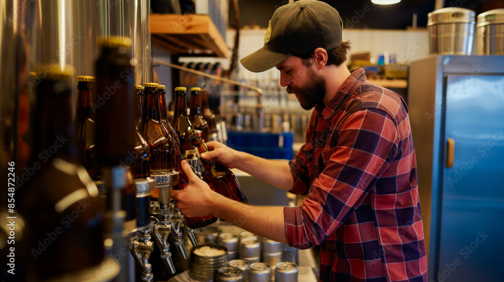 Craft beer enthusiast filling growlers from tap in local brewpub surrounded by brewing equipment and barrels. Craft beer enthusiast filling growlers from tap in local brewpub surrounded by brewing equipment and barrels.