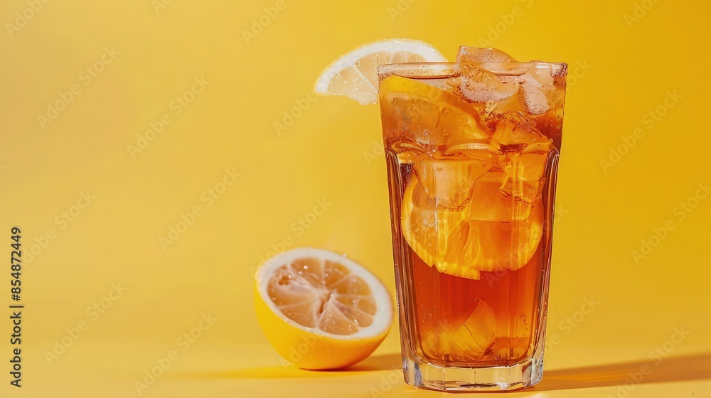 Glass of tasty cold ice tea on color background. Glass of tasty cold ice tea on color background.