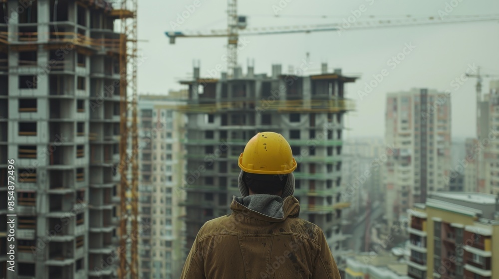 Back view of a Construction Worker Looking at a Construction Site Back view of a Construction Worker Looking at a Construction Site