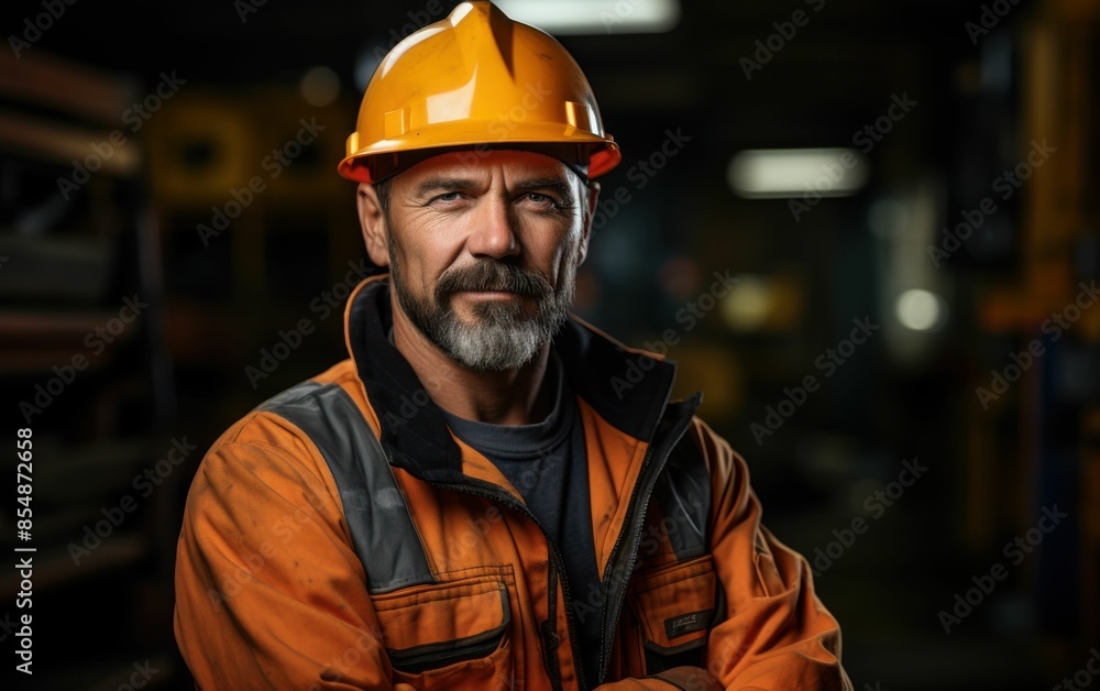 A man in a yellow hard hat and orange jacket is posing for a picture. He looks serious and focused A man in a yellow hard hat and orange jacket is posing for a picture. He looks serious and focused