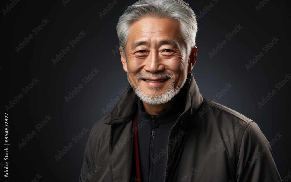 A man with a beard and gray hair is smiling. He is wearing a black jacket and a black scarf A man with a beard and gray hair is smiling. He is wearing a black jacket and a black scarf