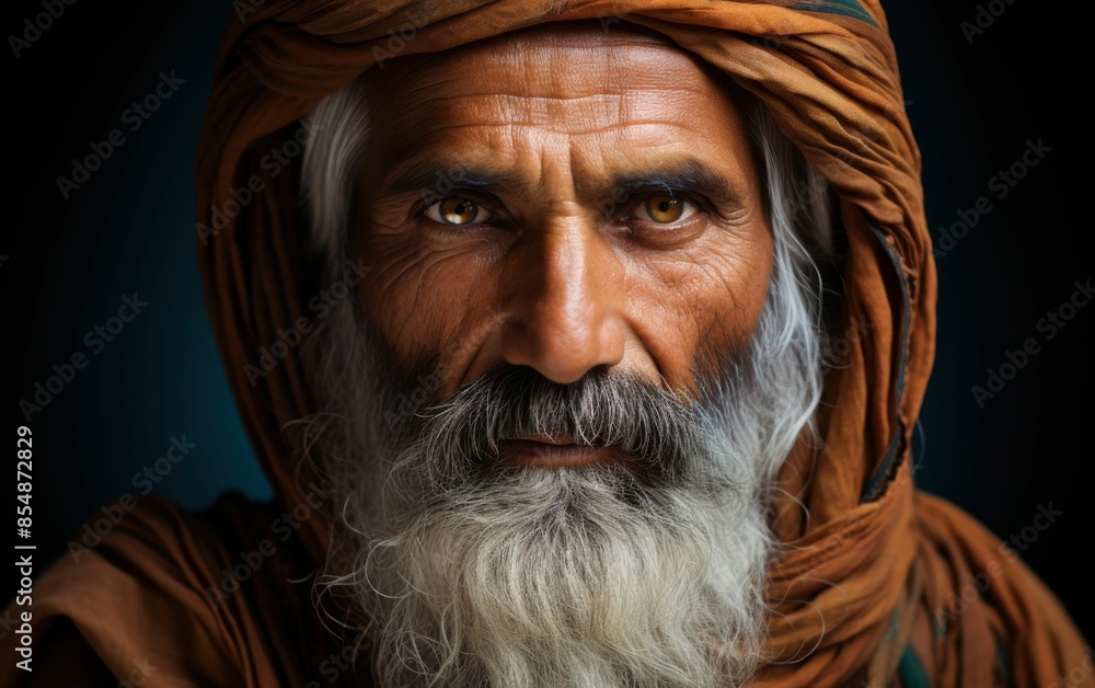 A man with a beard and a scarf on his head. He has a serious look on his face A man with a beard and a scarf on his head. He has a serious look on his face
