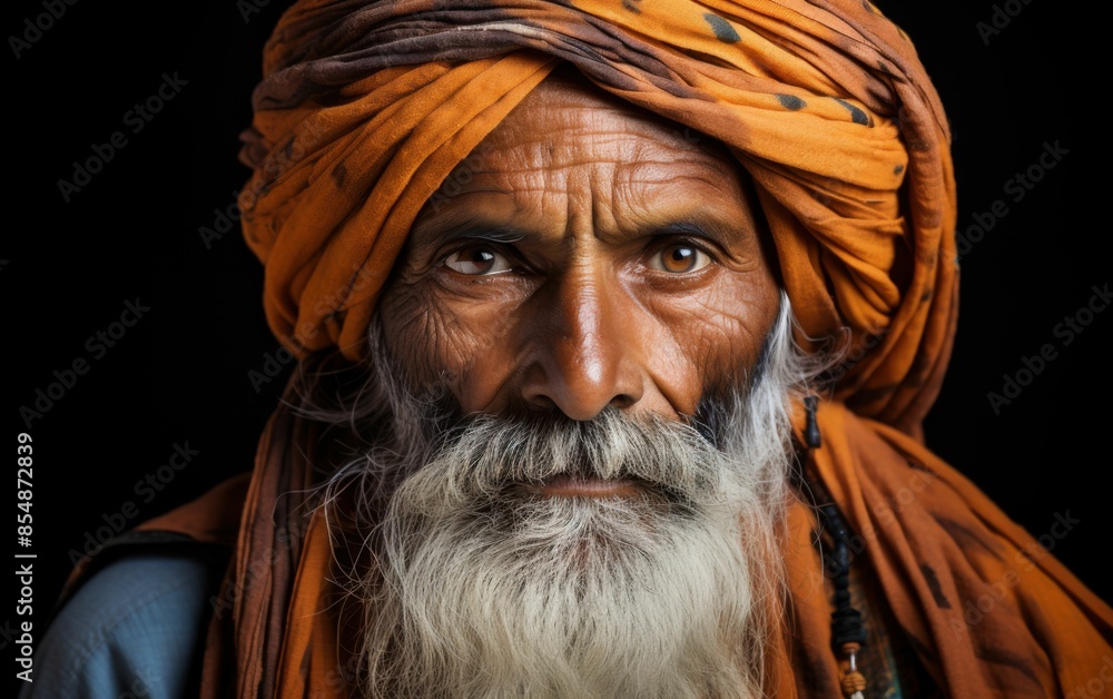 A man with a beard and a turban on his head. He has a serious look on his face A man with a beard and a turban on his head. He has a serious look on his face