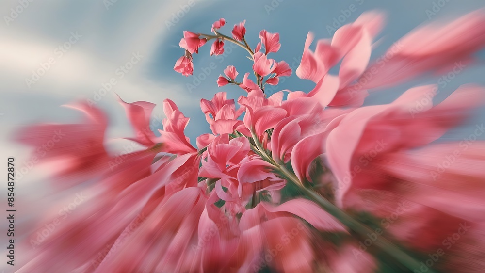 Close up abstract surrealism pink flowers on blue sky pastel color with motion blur effect Close up abstract surrealism pink flowers on blue sky pastel color with motion blur effect