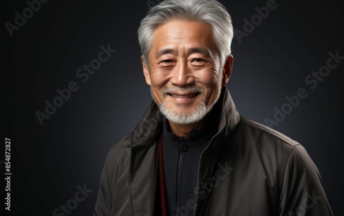 A man with a beard and gray hair is smiling. He is wearing a black jacket and a black scarf