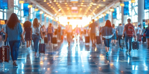 Blurred view of many travelers walking through an airport terminal, carrying luggage and bags. The space is bright and filled with natural light