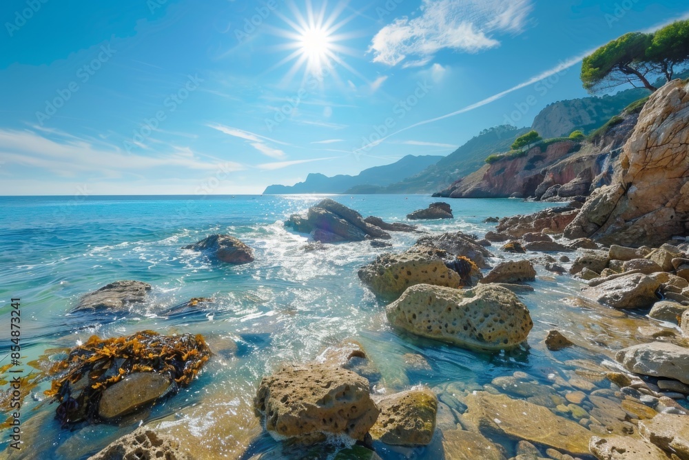 A stunning rocky coastline in Spain with vibrant tide pools teeming with marine life, basking under the warm sun. The turquoise water glistens against the rugged rocks, creating a breathtaking scene. A stunning rocky coastline in Spain with vibrant tide pools teeming with marine life, basking under the warm sun. The turquoise water glistens against the rugged rocks, creating a breathtaking scene.